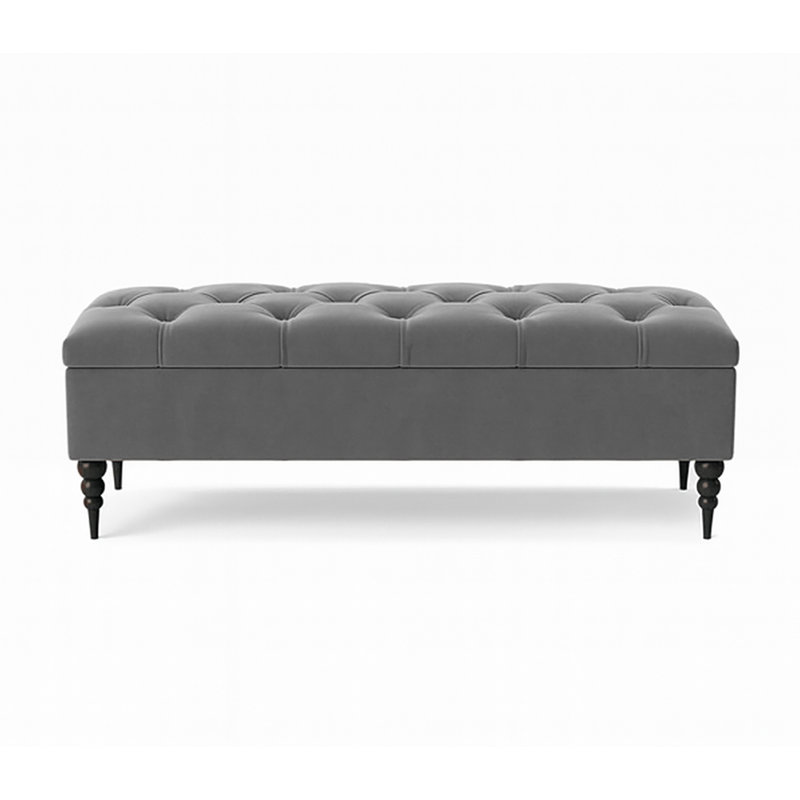 Safar Wide Tufted Rectangle Ottoman Storage Bench – Upholstery Plush Velvet Shoe Bench with Black Turned Wooden Legs, Grey