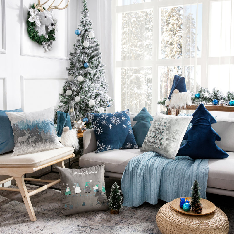 Phantoscope Merry Christmas Decorative Velvet Embroidery Throw Pillow Cover with Snowflake, Trees, Frosted Forest Xmas
