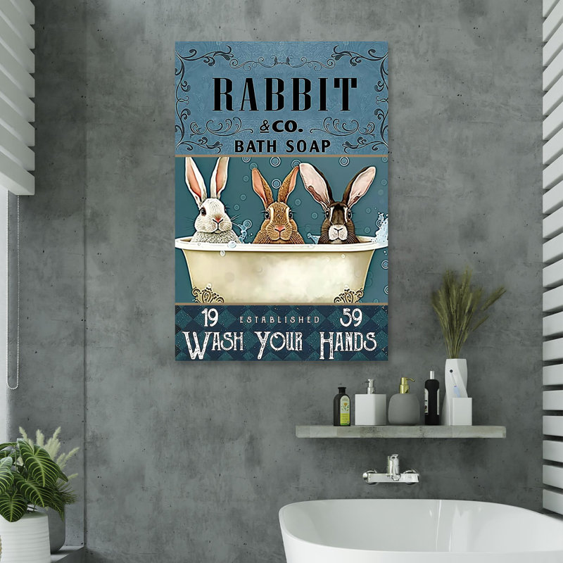 «Rabbit Wash Your Hands» - 1 pièce Rectangle lapin lavant les mains - 1 pièce, impression sur toile tendue sur toile tendue