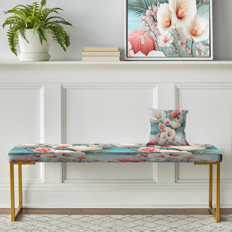 Seashell Serenity Ii Tropical Pattern - Coastal Upholstered Gold Bench