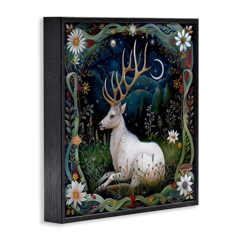 Scène de forêt de cerfs blancs encadrée par The Dutch Lady, H 12 po x l 12 po, Giclée encadrée noir minuit