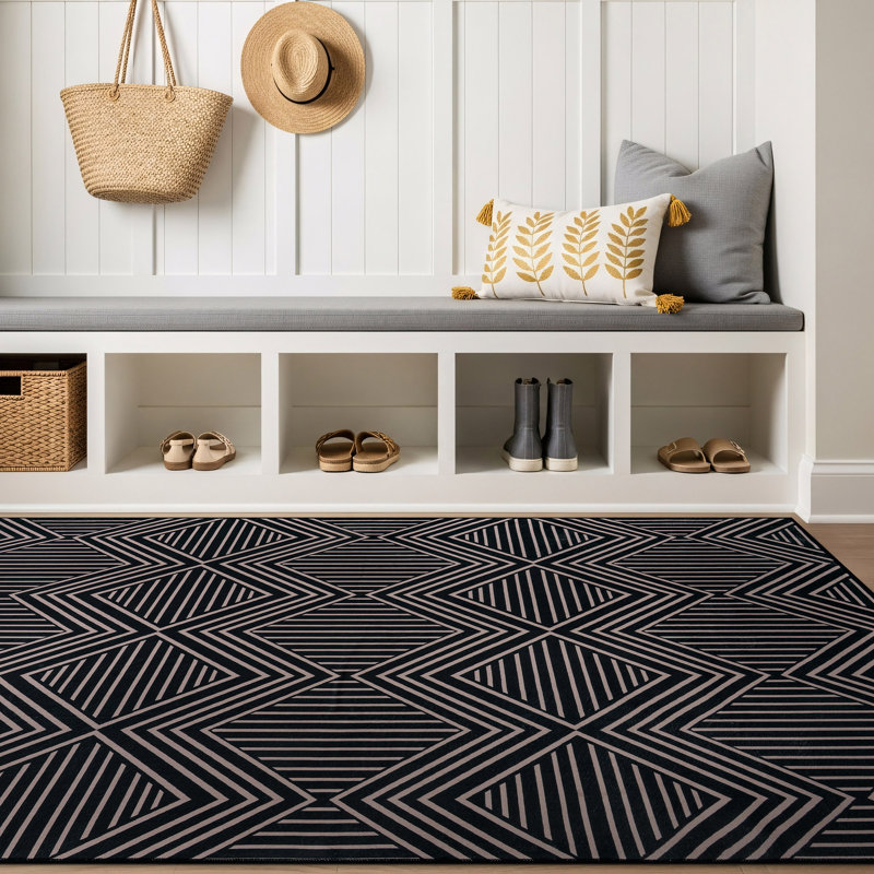 Tapis de sol à chevrons noirs et diamants, lavable à la machine, en polyester avec envers antidérapant, 3'3" x 5'