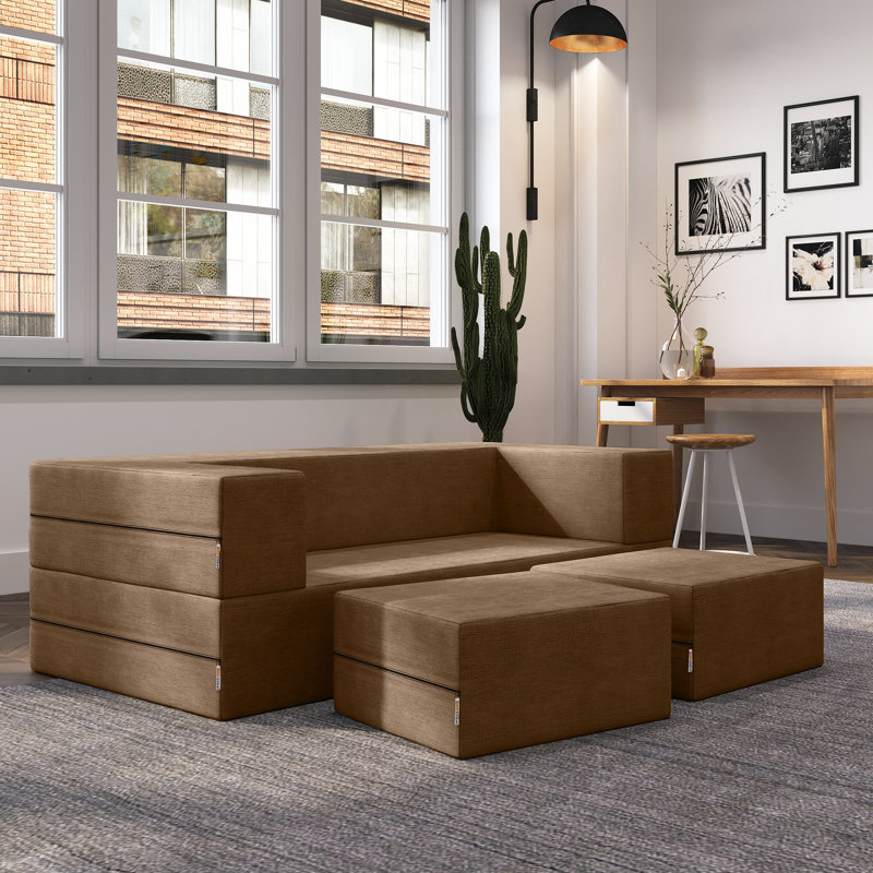 Shontae Zipline Boneless Convertible Compression Sleeper Loveseat, Ottomans & Pillows, Textured Microvelvet, Toffee