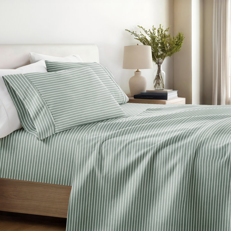 4 Piece Delicate Details Pattern Sheet Set, Full Sheet Set with 2 Standard Pillowcase, Eucalyptus Striped