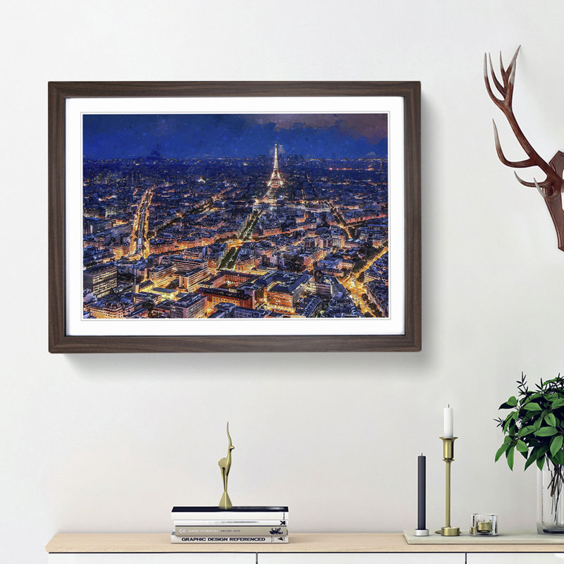 Eiffel Tower Paris Skyline at Dusk in Abstract - Picture Frame Graphic Art Print, Walnut Framed, 48cm H x 65cm W x 2cm D