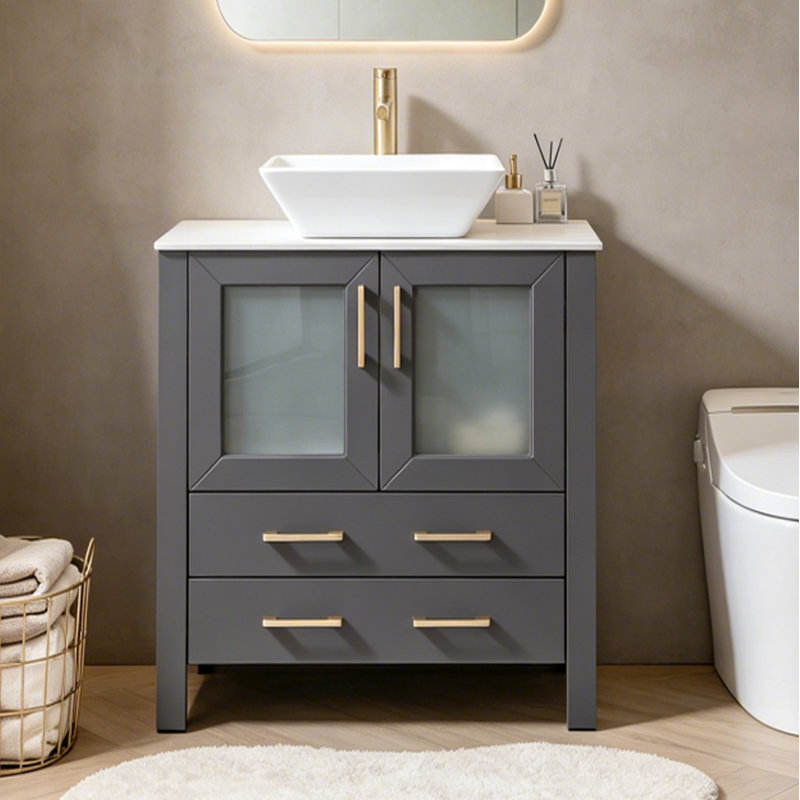 30" Grey Modern Freestanding Bathroom Vanity with White Ceramic Vessel Sink, Soft Close Drawers & Frosted Glass Doors