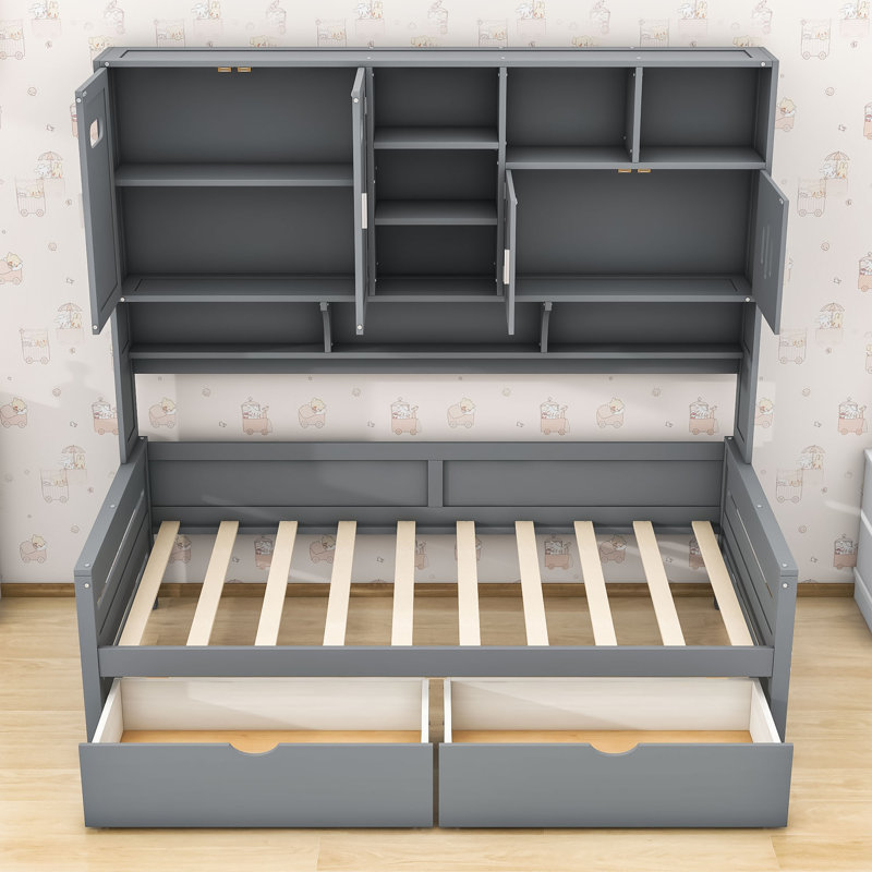 Lit de jour en bois avec tablettes et 2 tiroirs, Gris, Lit simple