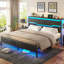 Structure de lit en métal et en bois avec charge USB intégrée, tête de lit à DEL, conception silencieuse, rangement sous le lit de 13 po - assemblage sans outil, aucun sommier nécessaire-1411034521-1411034524