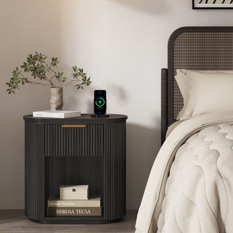 Reeded Nightstand With 1 Drawer, Open Shelf Storage Built-in Outlets USB Type-C Charging Station Set of 1, Individual