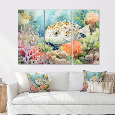«Pufferfish Guardian Of The Coral I» - ensemble d'art mural sur toile de corail sous l'eau