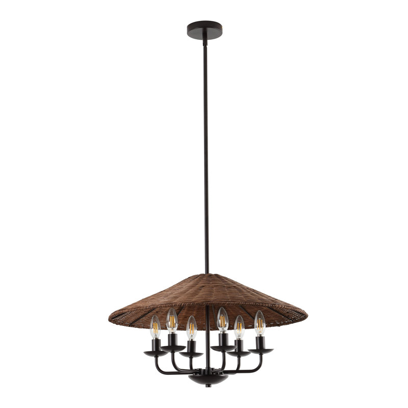 6-Light Hand-Woven Rattan Cone Pendant Chandelier, Bronze, Brown