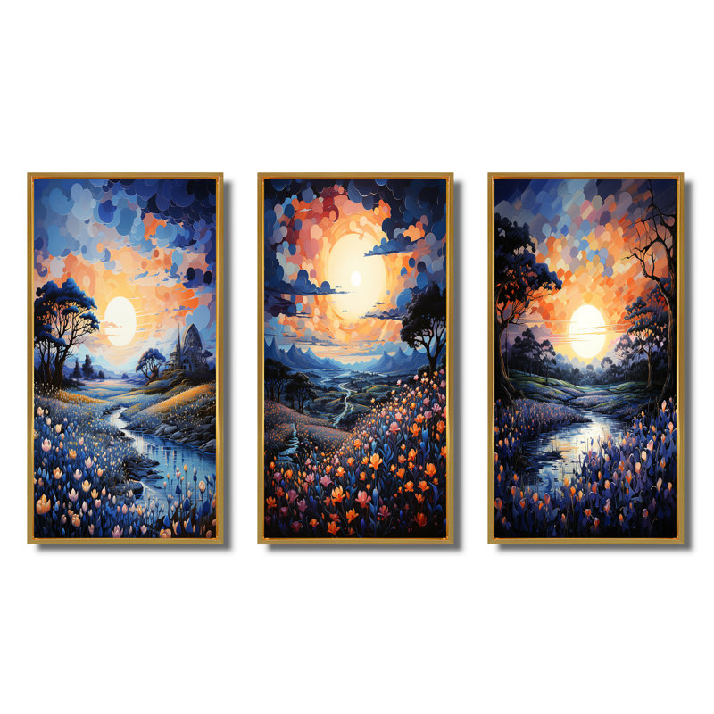 «Blue Bonnet Bliss Field IV», 3 pièces sur toile, Encadrement doré, H 40 po x l 60 po