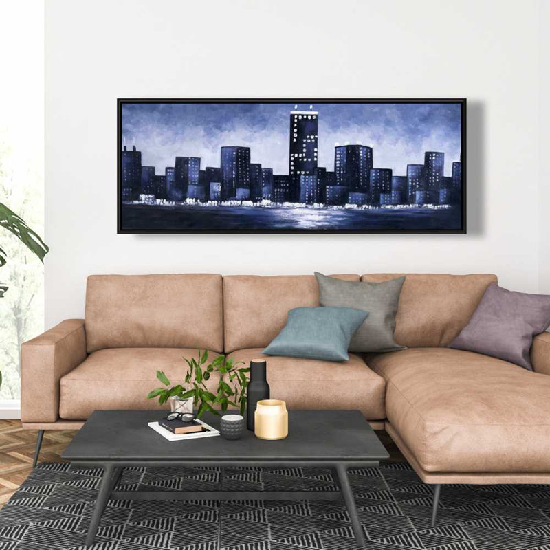 Toile de paysage urbain bleu foncé | Décoration murale encadrée pour chambre à coucher, H 17,25 po x l 49,25 po
