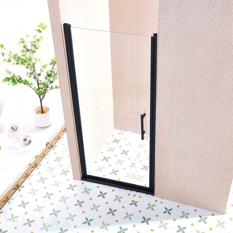 Porte de douche simple à battant - Alliage d'aluminium noir mat, verre trempé transparent de 1/4 po (6 mm) d'épaisseur