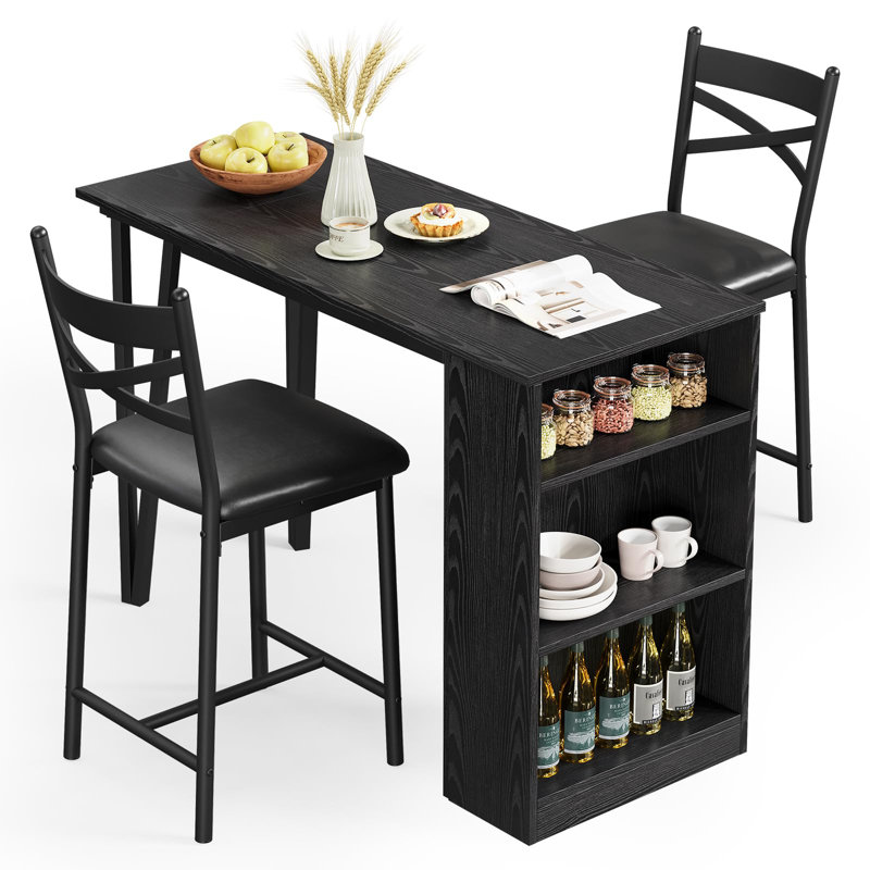 Space Saving Dining Table Set for 2, Foldable Counter Height Table with 3 Tier Storage and 2 Cushioned Stools, Black