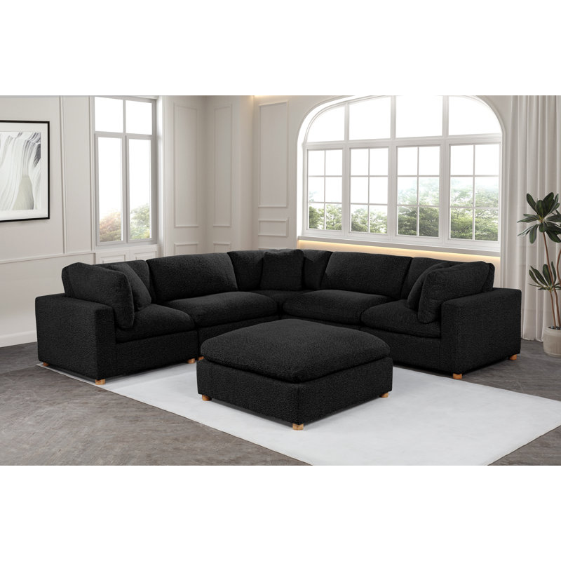6-Piece Modular Sectional Set In Teddy Boucle Fabric, Black Teddy