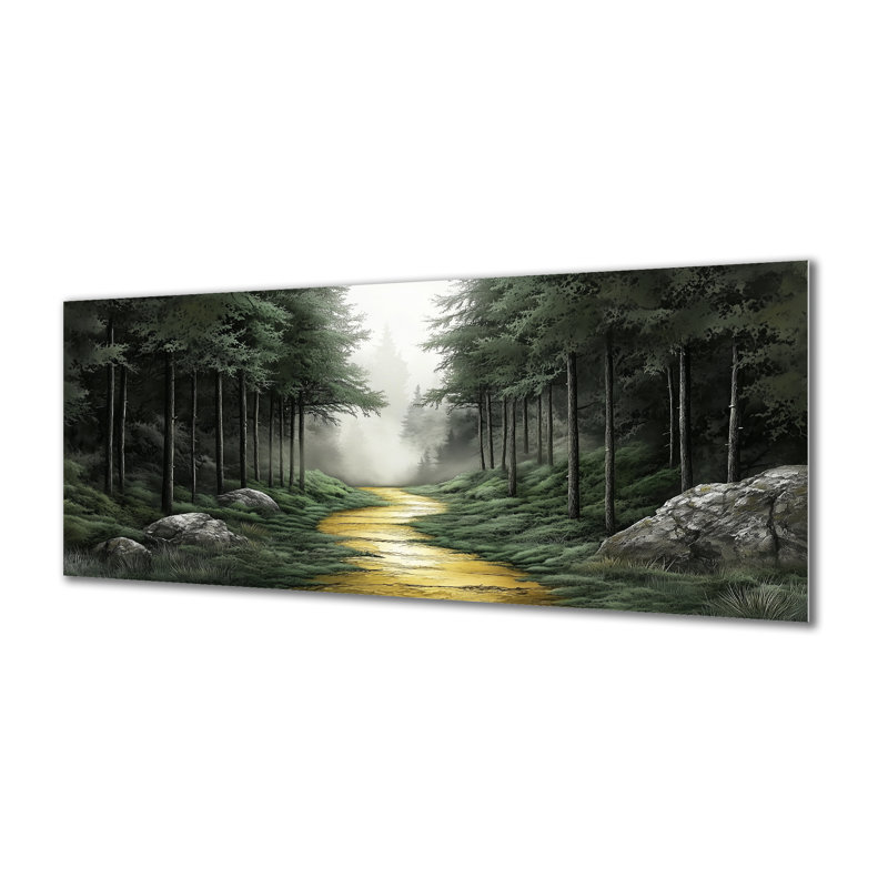 Art mural serein en métal - Sentier moussu dans la forêt de pins verts, impressions métalliques Moody, 40" W x 20" H