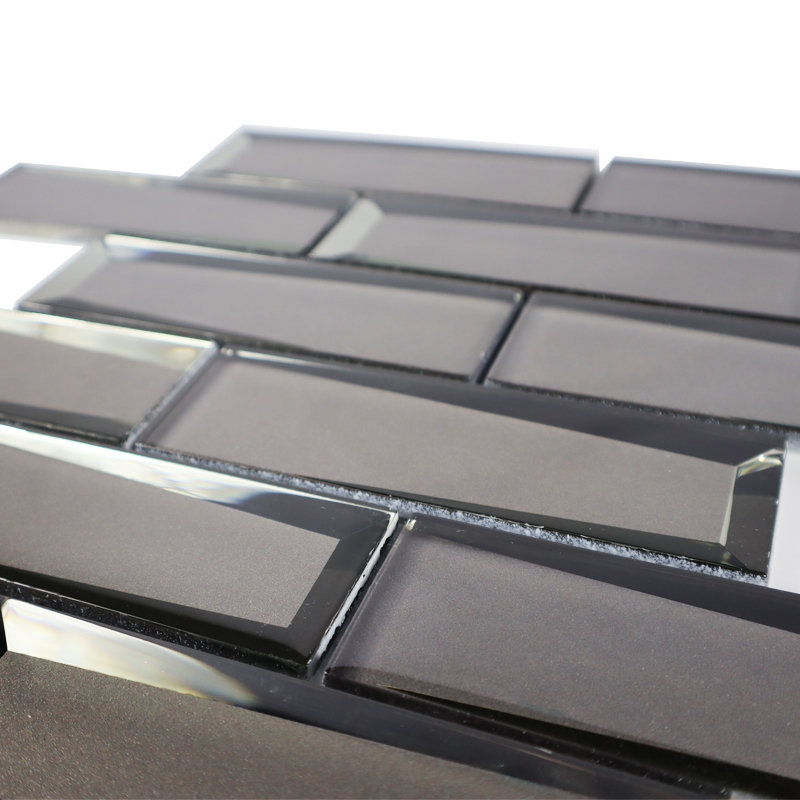 Gesele 12" x 12" Beveled Glass Brick Joint Wall Tile, Dark Gray