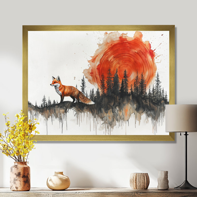 «Silent Fox In Forest Landscape III», art mural renard, H 16 po x l 32 po, Cadre doré