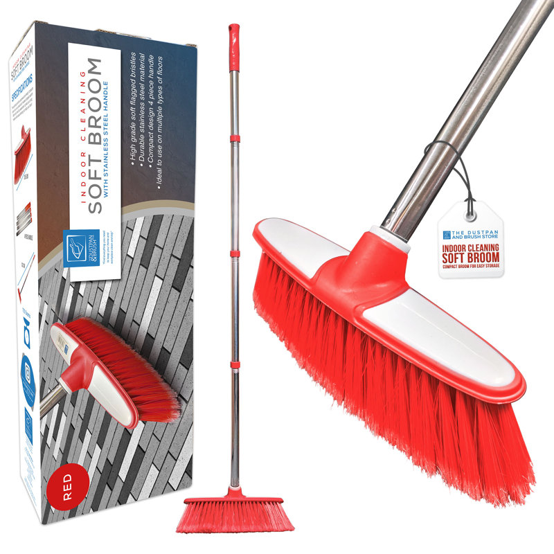 Long Handled Indoor Sweeping Broom Soft Bristle Brush, Red