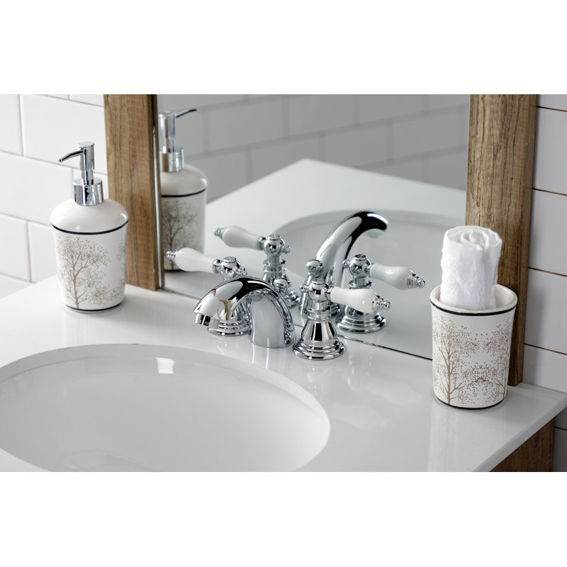 Kingston Brass American Patriot Two-Handle 3-Hole Deck Mount Mini-Widespread Bathroom Faucet with Plastic Pop-Up