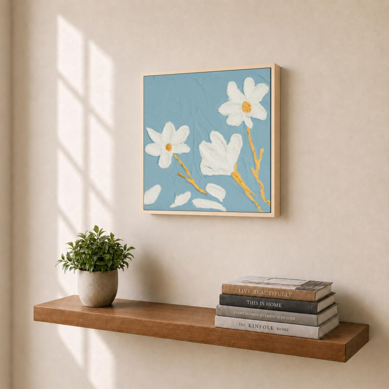«Petite White Bloom I» par Sundance, impression sur toile, H 24 po x l 24 po, Cadre plat flottant, Bouleau