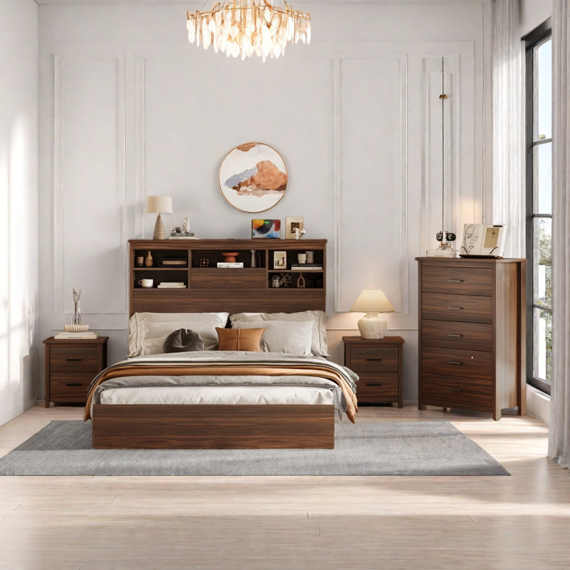 Ensemble de chambre à coucher 4 pièces, lit en bois avec tête de rangement et station de charge, 2 tables de chevet avec 2 tiroirs, 1 commode avec 5 tiroirs