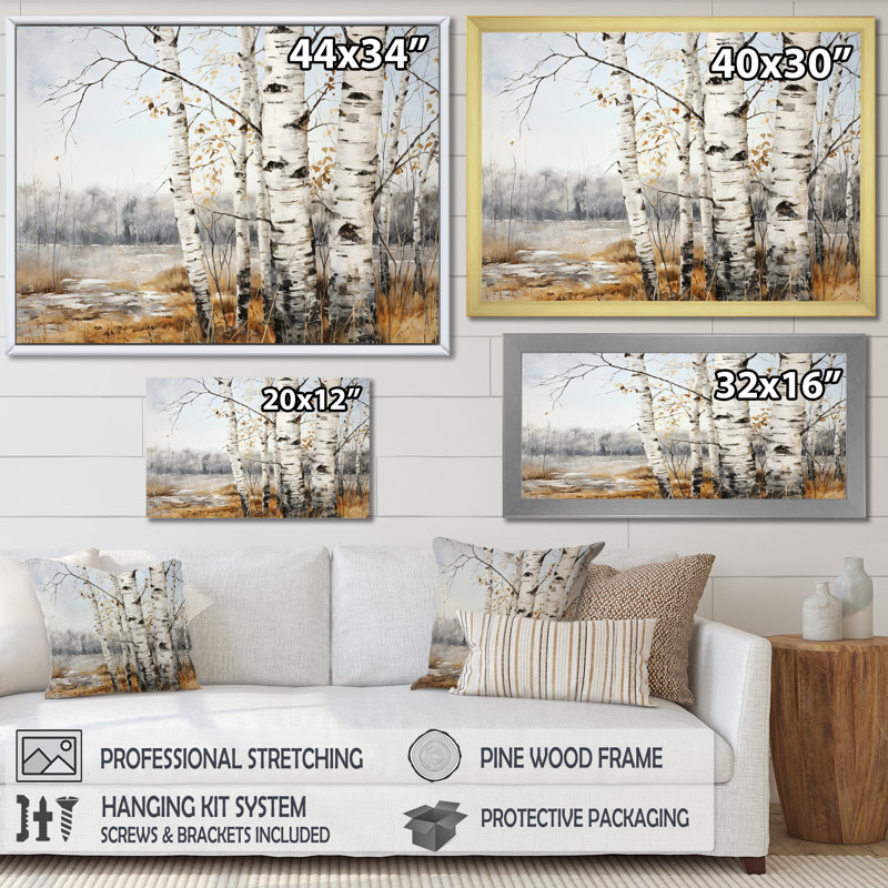 «Silver Minimalisme Tree Birchs Breath» sur toile, Cadre flottant noir, H 34 po x l 44 po x P 1,5 po
