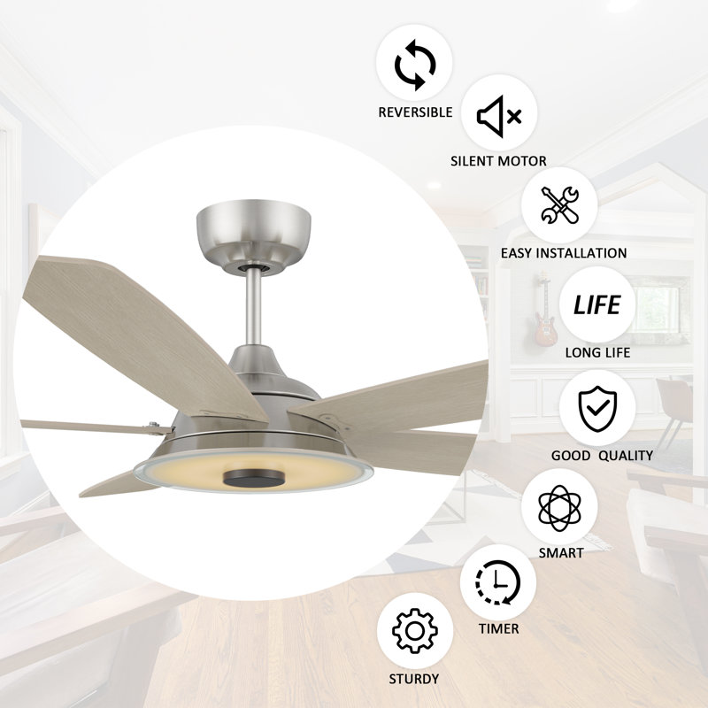 Amonie 56'' Ceiling Fan with LED Lights, Light Wooden, Silver