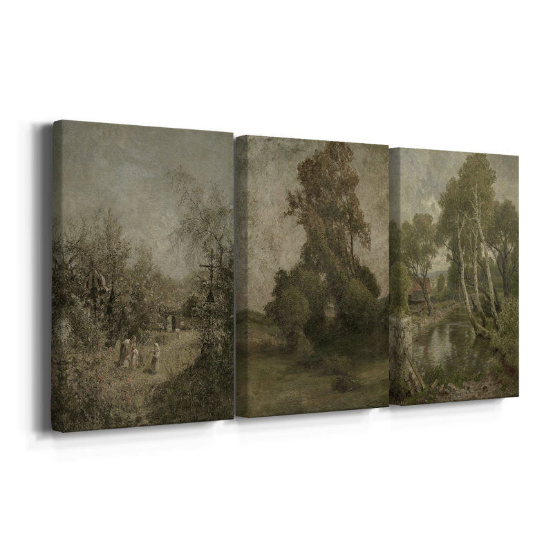 Paysage rétro CLxx III - Toile tendue avec châssis sur mesure - 3 pièces, H 36 po x l 72 po
