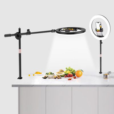 12" LED Ring Light With Overhead Phone Mount, Adjustable Stand, Bluetooth Remote, 3 Color Modes & 10 Brightness Levels For Live Streaming, Video Recording, Content Creation