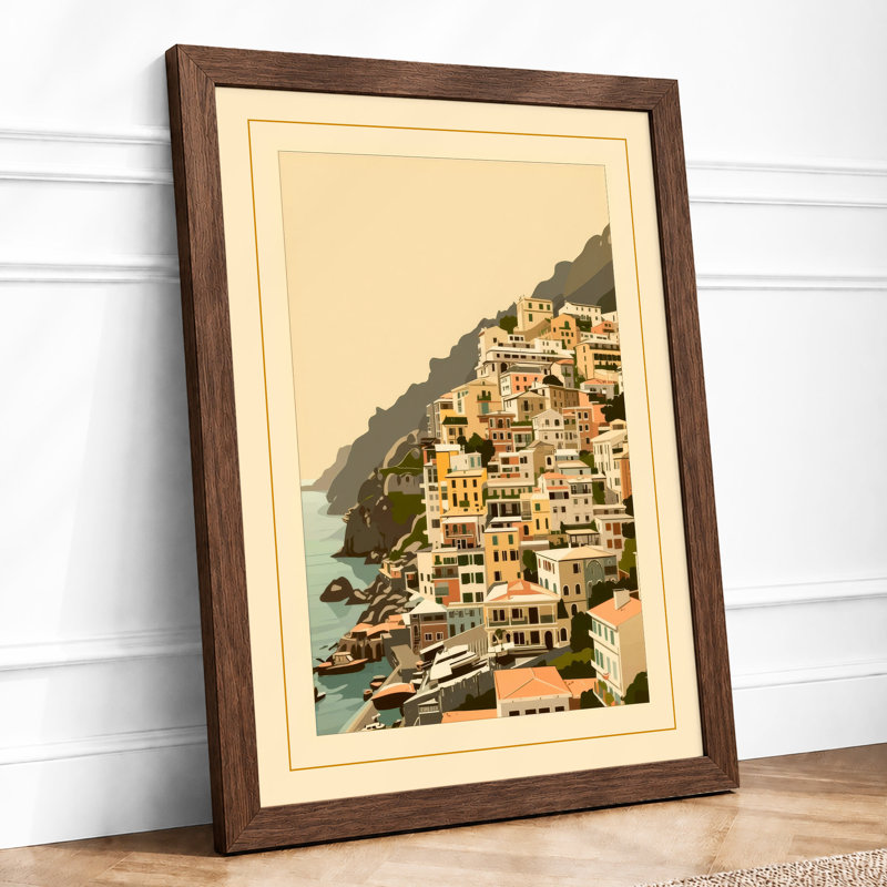 Clifftop Village Coastal - Framed Print, A3 - 42.0 x 29.7 cm, Walnut