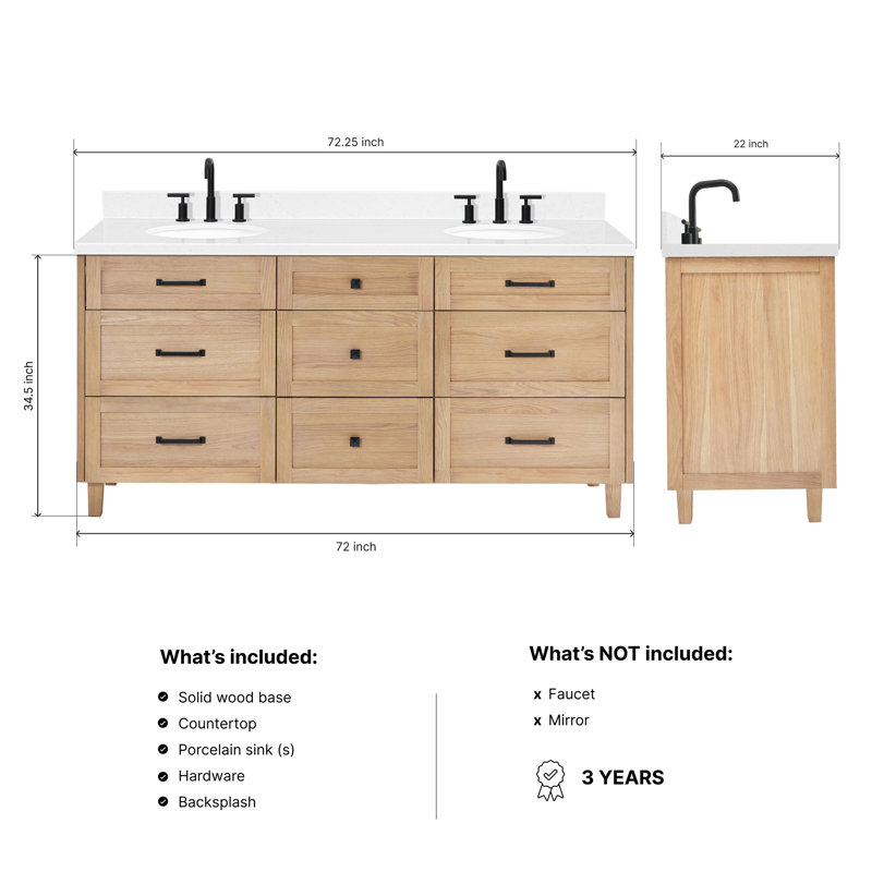 ARIEL Monroe 72 Double Sink Bathroom Vanity with Carrara Quartz Top, Oak, 72" - 73", Carrara White Quartz