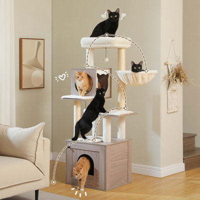 Arbre à chat de 57,5 po avec grand bac à litière, tour à chat en bois pour chats d'intérieur avec armoire de rangement, maisonnette confortable pour chat, poteau à griffes recouvert de sisal et boules suspendues remplaçables