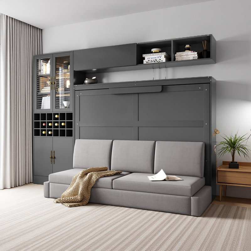 Lit escamotable mural avec canapé, tablettes USB et lumière Murphy, Gris, Lit double