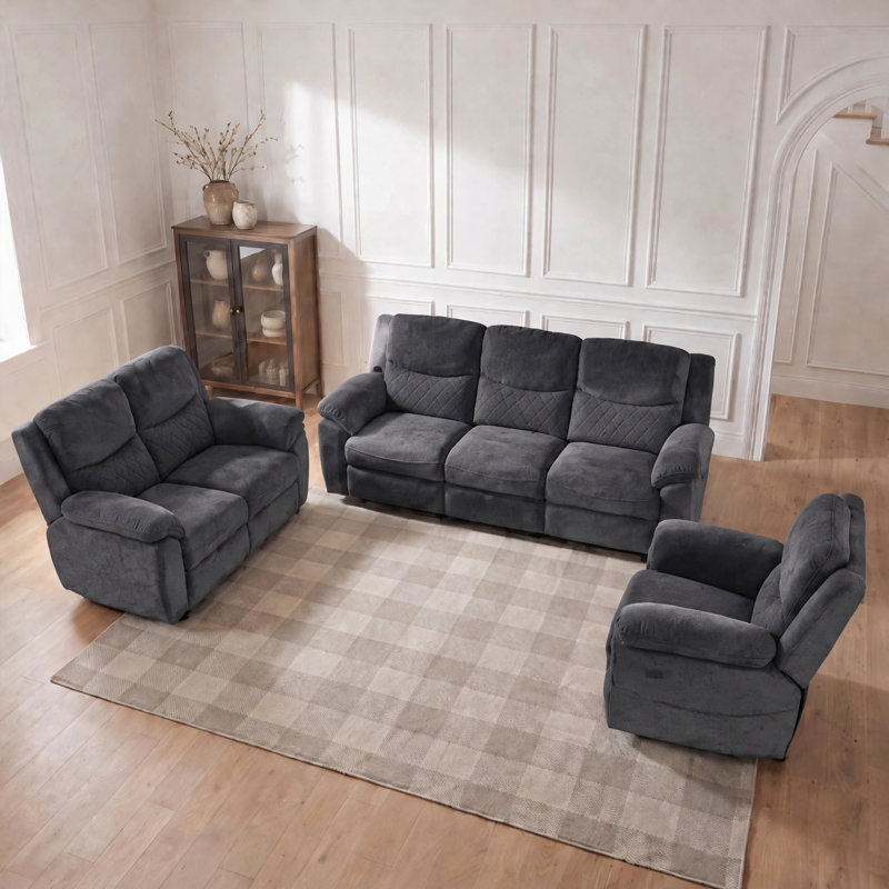 3 Piece Velvet Reclining Living Room Set, Dark Gray Velvet