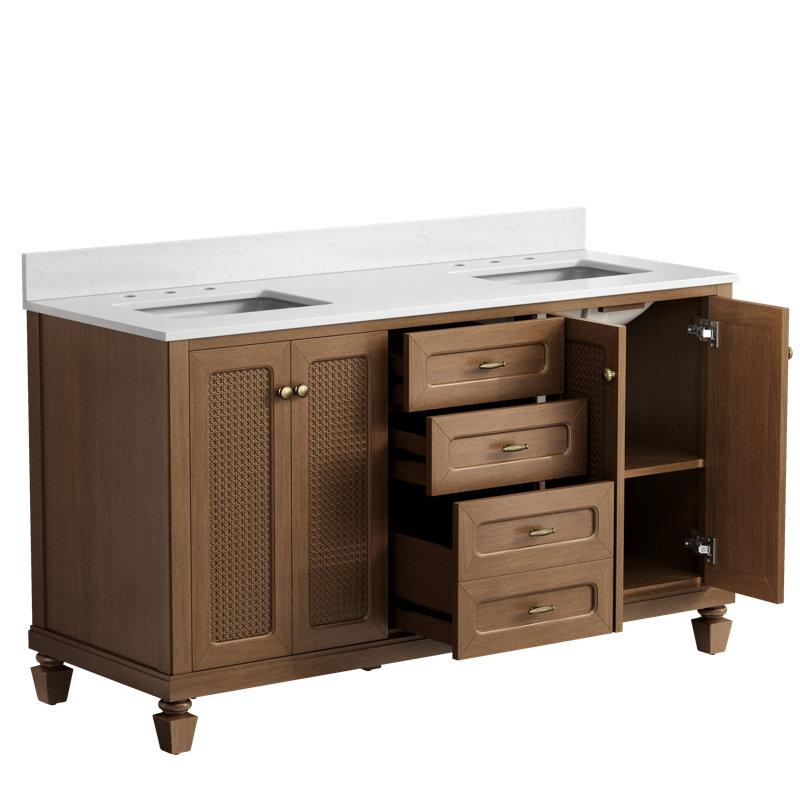 60" Free Standing Double Bathroom Vanity with Engineered Marble Top, Ceramic Sink, Backsplash, 60", Hickory