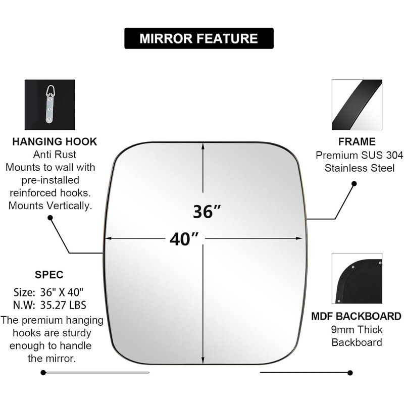 Miroir de salle de bain ovale moderne | Cadre en acier inoxydable, Chrome poli, 40 po x 36 po