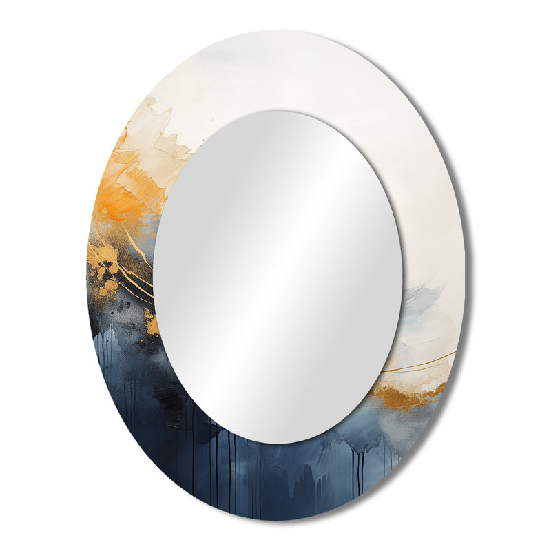 Blue And Yellow Marble Storm V - Large Oval Wall Mirror On Metal, 43" x 33"