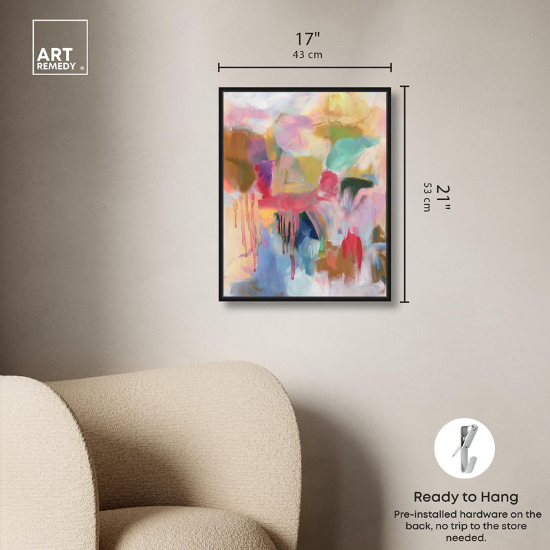 Art avec des couleurs vives, Art contemporain par Art Remedy, H 21 po x l 17 po, Cadre flottant noir