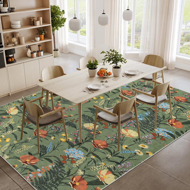 Modern Rug for Living Room Large Floral Printed Floor Carpet, Easy Cleaning Stain-Resistant Contemporary Indoor Mat for Bedroom, Office, Green