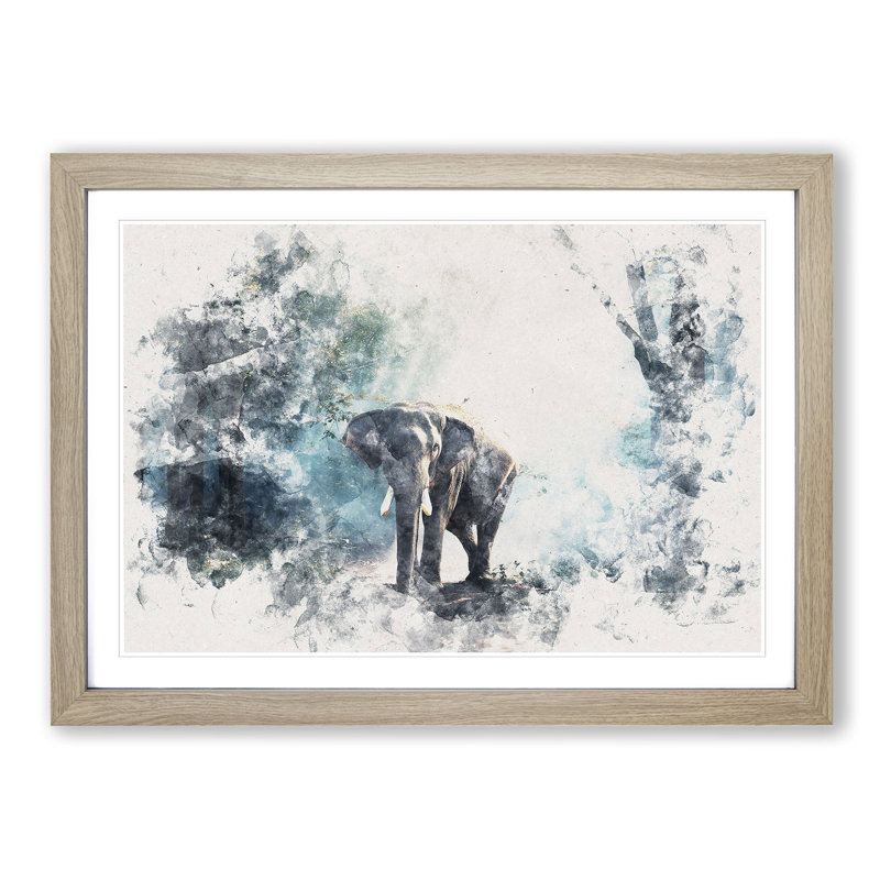 Elephant Roaming In A Green Forest - Picture Frame Painting, Oak Framed, 40cm H x 60cm W x 2cm D