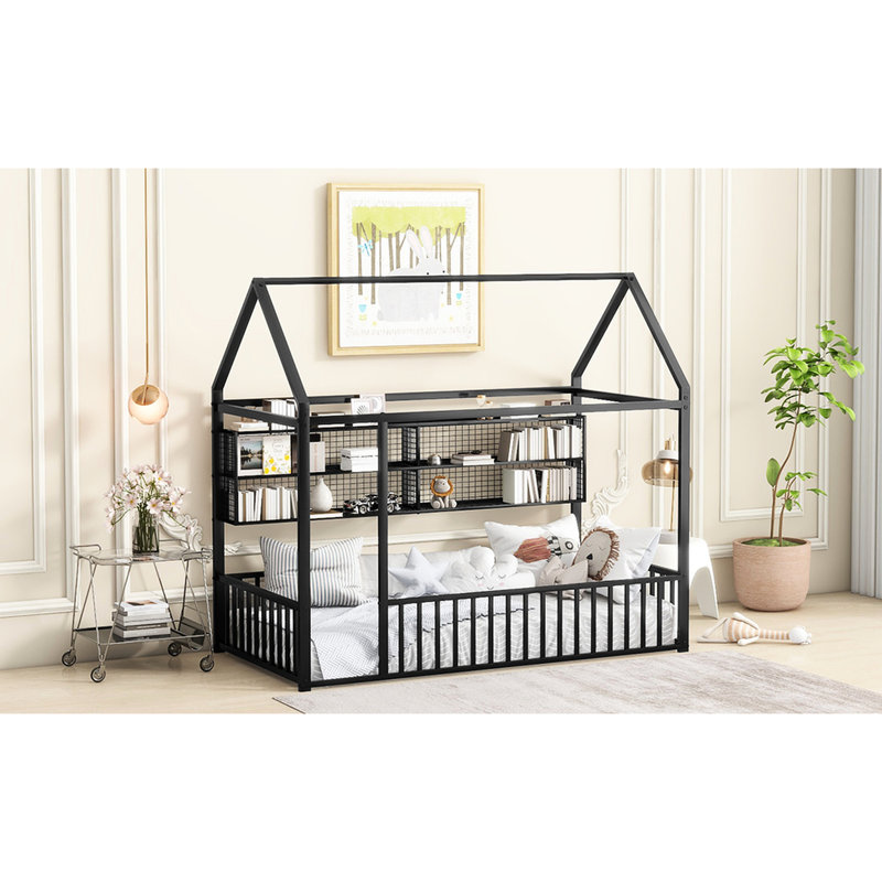 Lit simple simple avec structure et tablettes en métal, noir - tablettes fonctionnelles de style maison, Lit simple, Noir