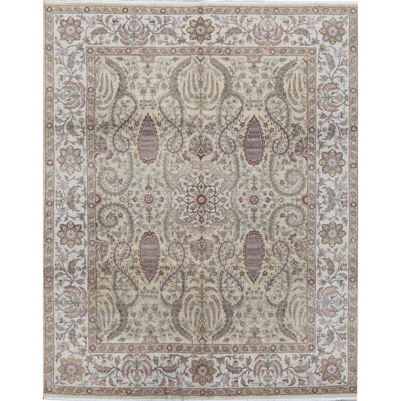 Tapis vert clair et ivoire noué à la main de haute qualité