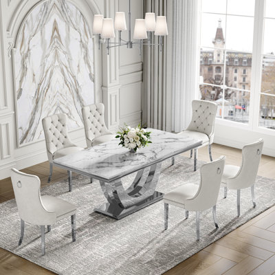 7-Piece Dining Table Set, Marble Veneer MDF Table with 6 Velvet Dining Chairs – Modern Dining Furniture for 6