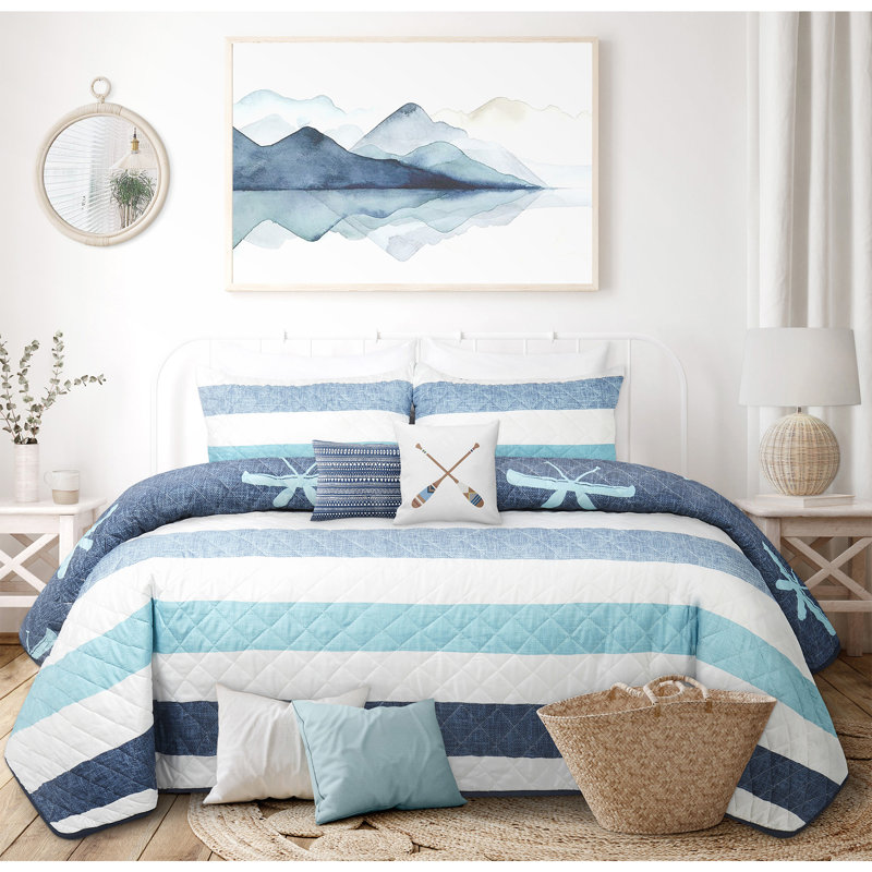 Blue and White Striped Microfiber Full Quilt Set