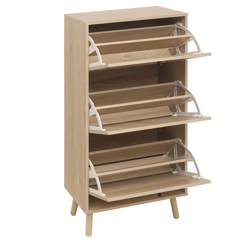 24 Inch Wide MDF Freestanding Shoe Storage Cabinet With 3 Flip Drawers, Natural