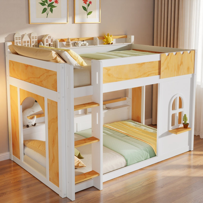 Bunk Bed With Storage Shelves, Window And 2 Doors, Twin Over Twin