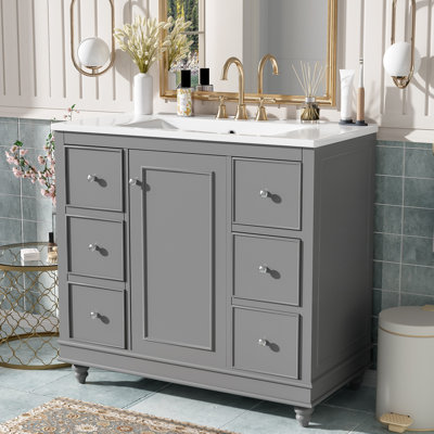 Ensemble de meuble-lavabo moderne avec lavabo en céramique 36 po x 18,3 po x 34,1 po, 4 tiroirs et 1 porte, rangement polyvalent, tablette réglable, cadre en bois massif et panneau de fibres à densité moyenne (ancien SKU: SV000016AAK-1)