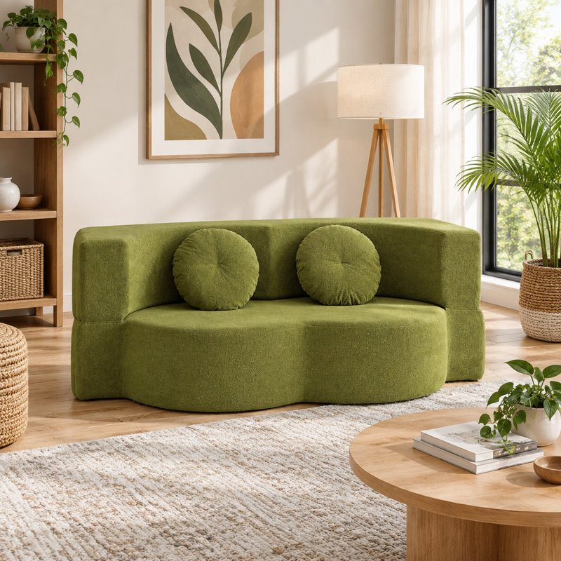 Canapé-lit pliant 2 en 1 vert avec oreiller – Canapé futon de sol une place, matelas pliant en mousse, aucun assemblage requis